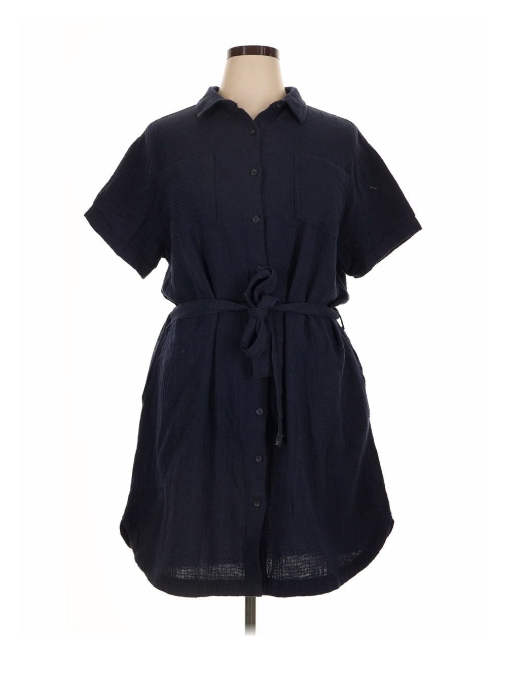 Gauze Tie-Waist Button Front Shirt Dress - Navy